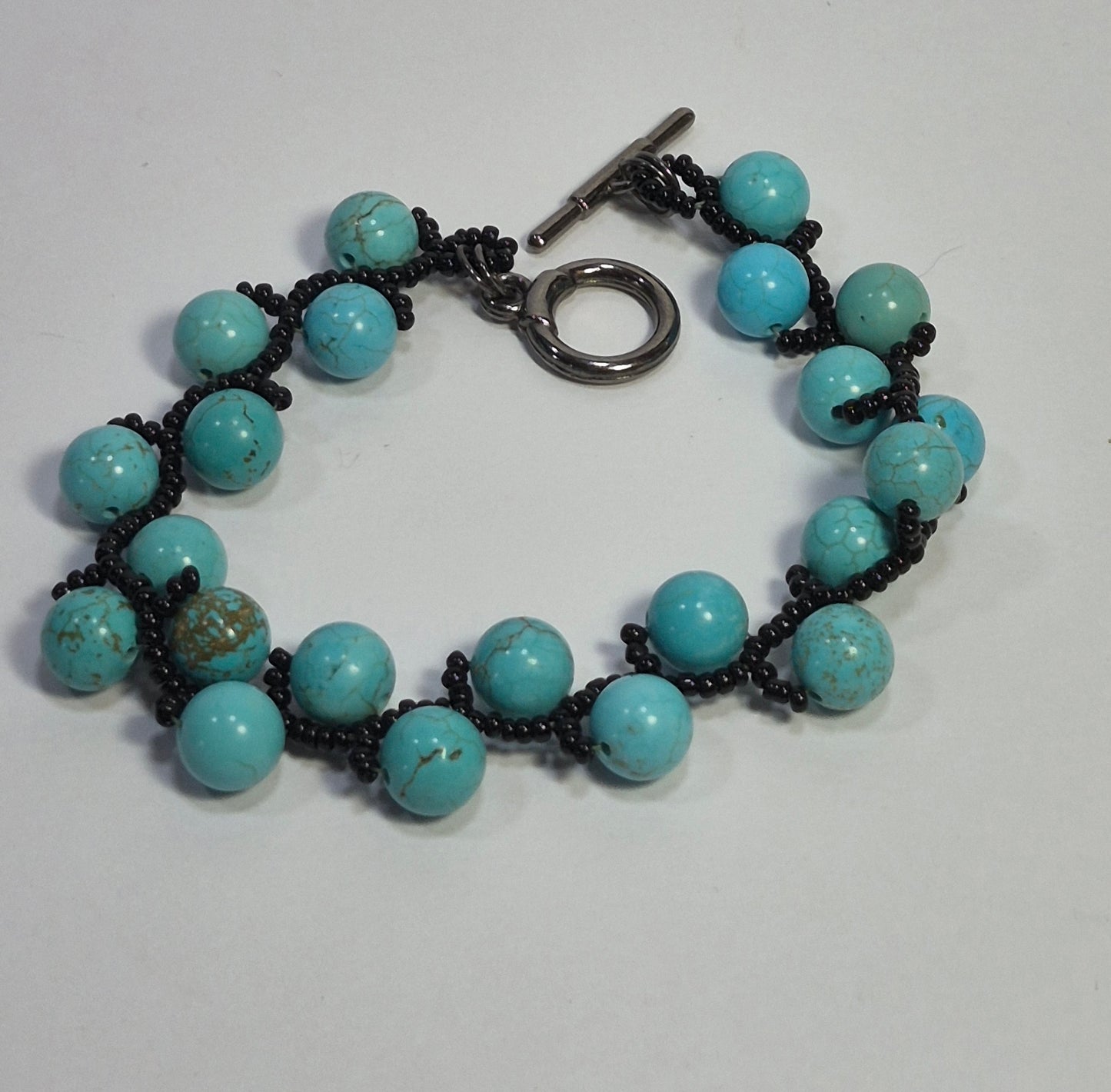 Turquoise & Black Woven Bracelet – Handmade 8mm Gemstone Beaded Bracelet with Toggle Clasp