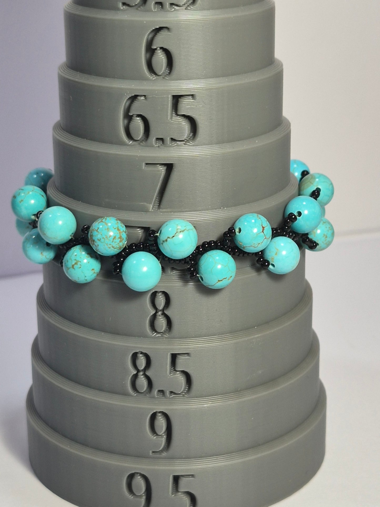 Turquoise & Black Woven Bracelet – Handmade 8mm Gemstone Beaded Bracelet with Toggle Clasp