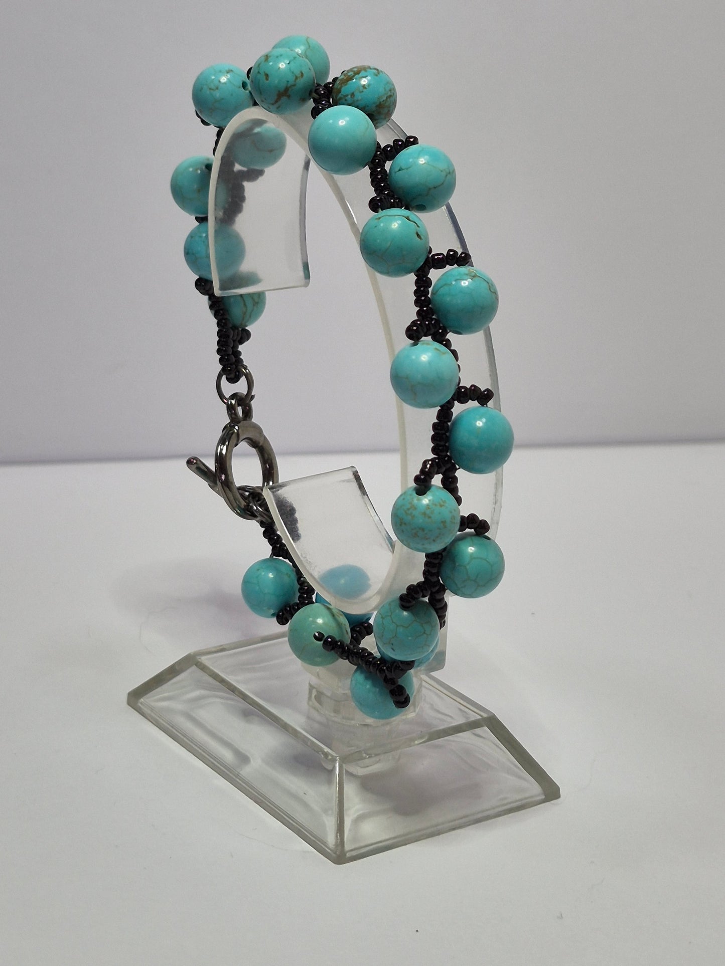 Turquoise & Black Woven Bracelet – Handmade 8mm Gemstone Beaded Bracelet with Toggle Clasp