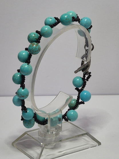 Turquoise & Black Woven Bracelet – Handmade 8mm Gemstone Beaded Bracelet with Toggle Clasp