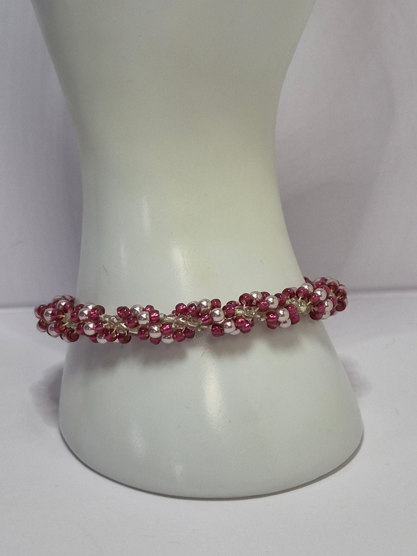 Burgundy & Blush Pearl Spiral Rope Bracelet – Handmade Beaded Bracelet with Magnetic Clasp