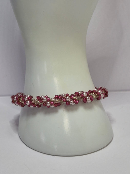 Burgundy & Blush Pearl Spiral Rope Bracelet – Handmade Beaded Bracelet with Magnetic Clasp