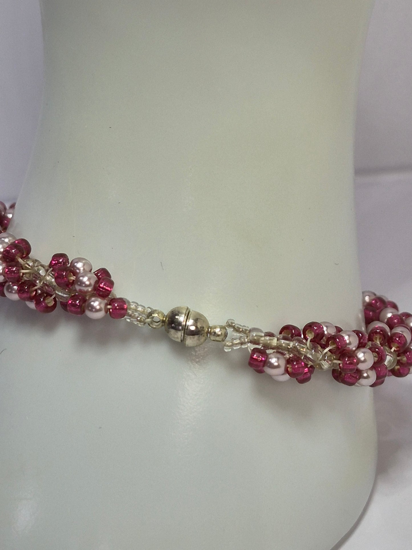 Burgundy & Blush Pearl Spiral Rope Bracelet – Handmade Beaded Bracelet with Magnetic Clasp
