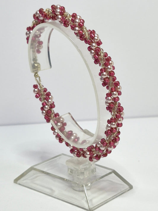 Burgundy & Blush Pearl Spiral Rope Bracelet – Handmade Beaded Bracelet with Magnetic Clasp