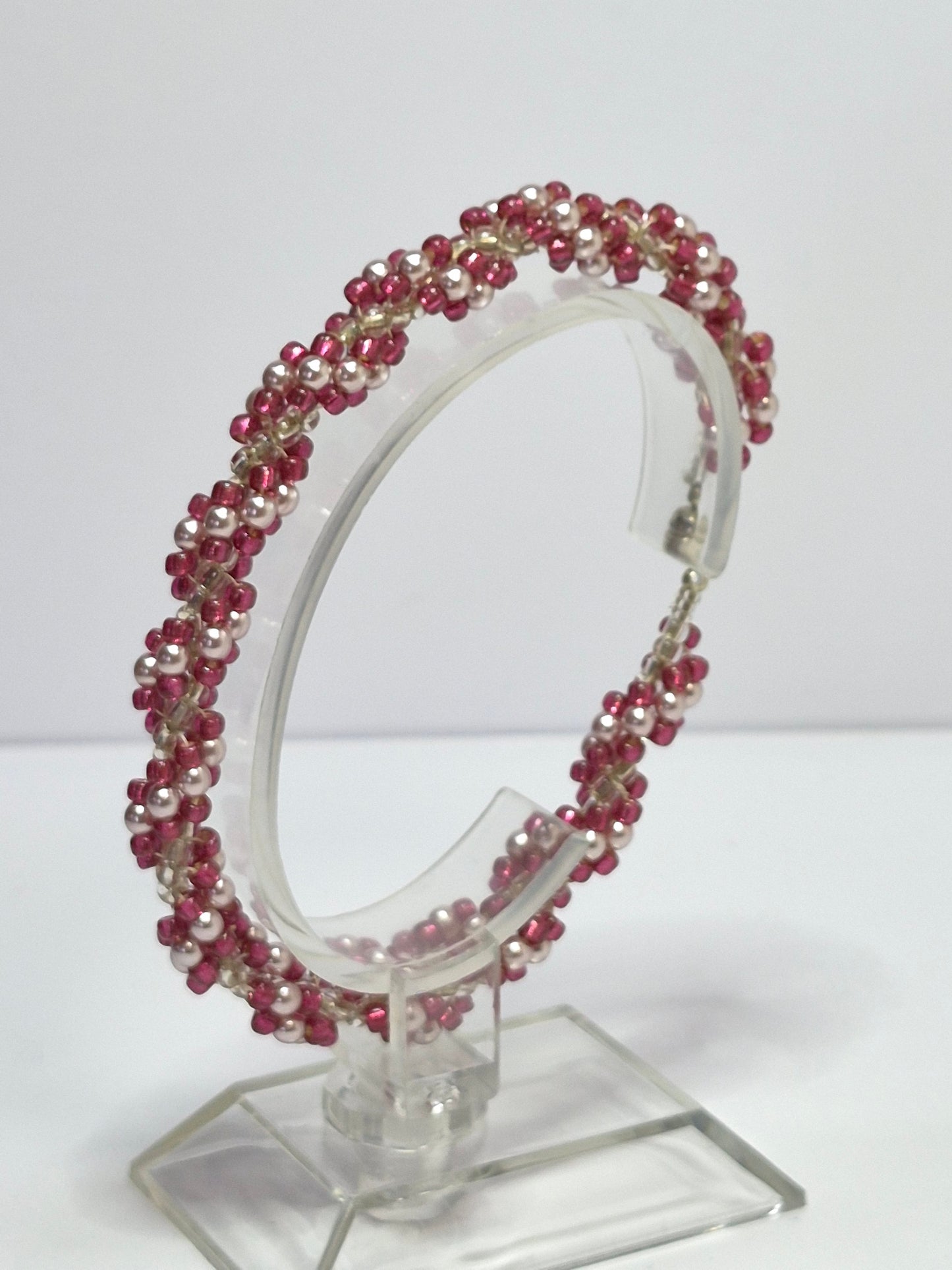 Burgundy & Blush Pearl Spiral Rope Bracelet – Handmade Beaded Bracelet with Magnetic Clasp