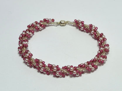Burgundy & Blush Pearl Spiral Rope Bracelet – Handmade Beaded Bracelet with Magnetic Clasp