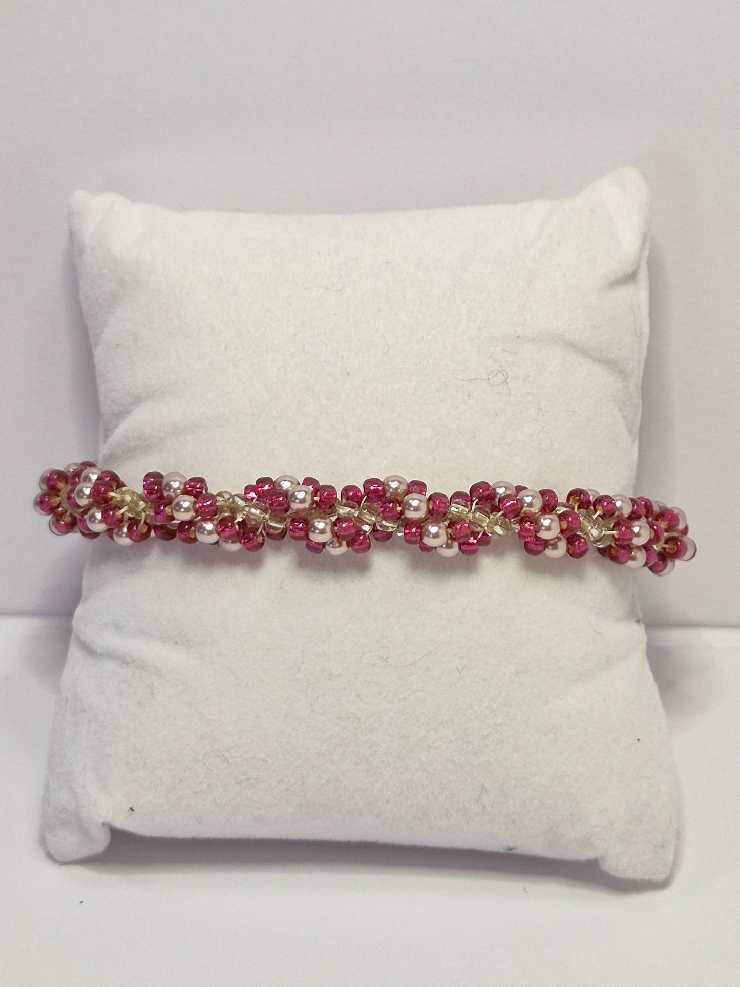 Burgundy & Blush Pearl Spiral Rope Bracelet – Handmade Beaded Bracelet with Magnetic Clasp