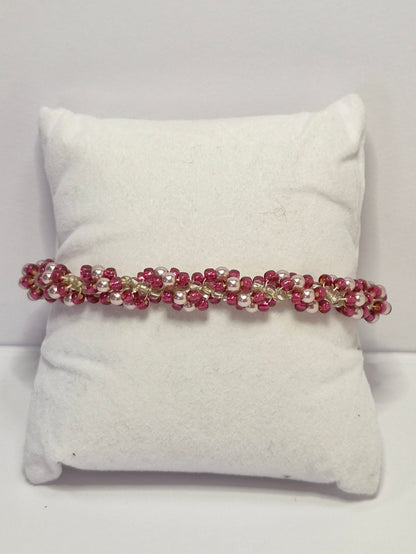 Burgundy & Blush Pearl Spiral Rope Bracelet – Handmade Beaded Bracelet with Magnetic Clasp