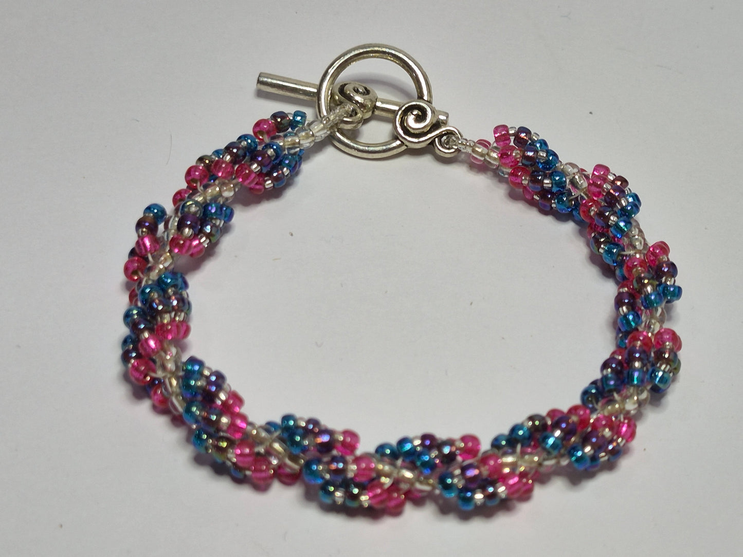 Blue Purple Pink & Clear Spiral Rope Bracelet – Handmade Miyuki Seed Bead Bracelet with Lobster Clasp