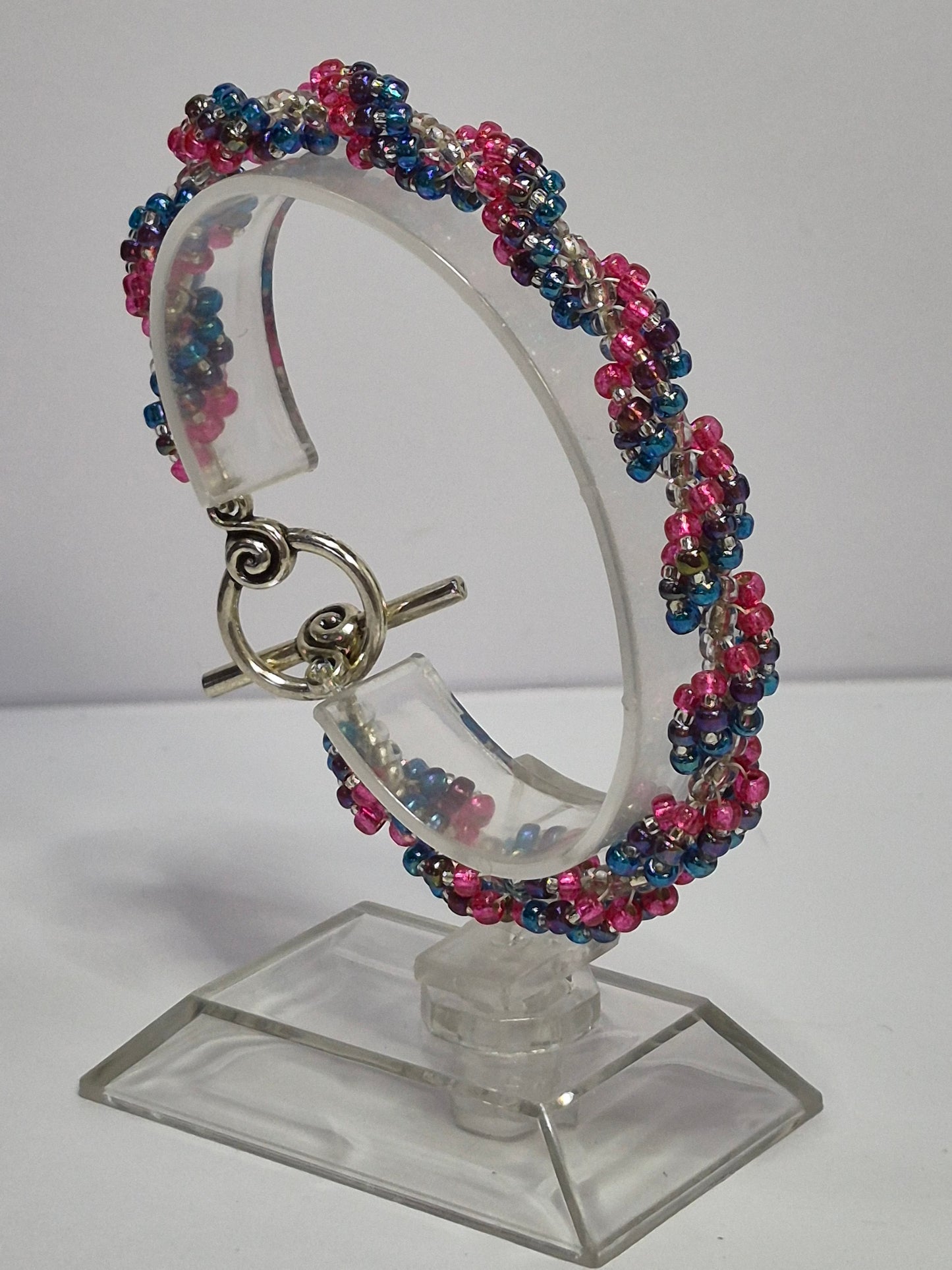 Blue Purple Pink & Clear Spiral Rope Bracelet – Handmade Miyuki Seed Bead Bracelet with Lobster Clasp