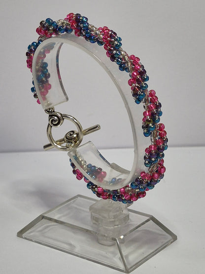 Blue Purple Pink & Clear Spiral Rope Bracelet – Handmade Miyuki Seed Bead Bracelet with Lobster Clasp