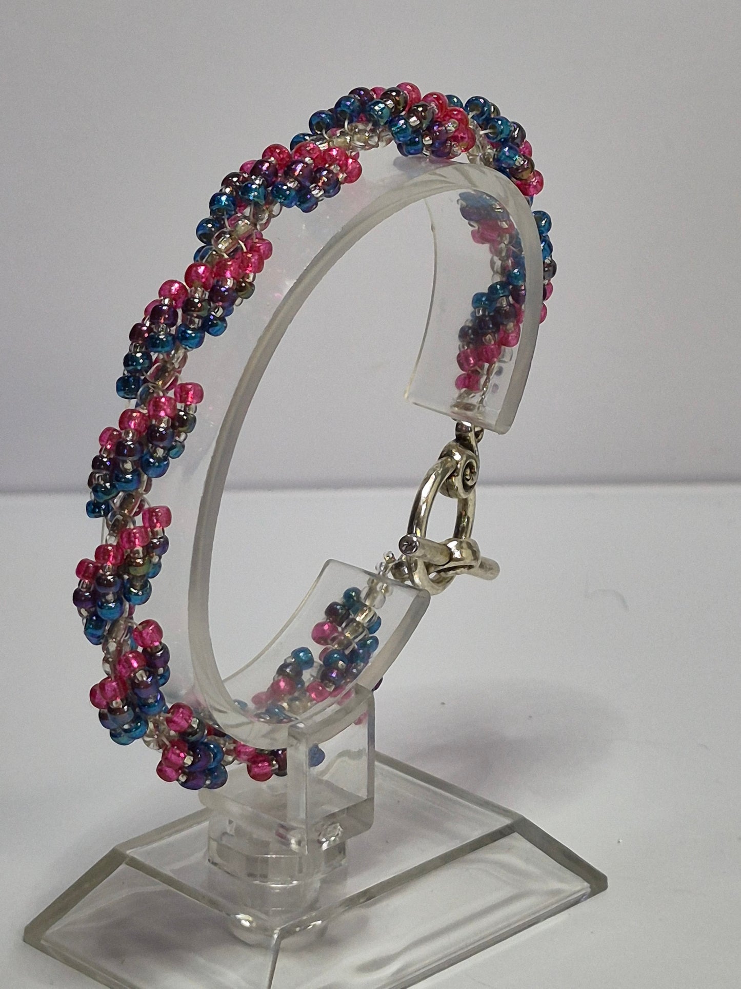 Blue Purple Pink & Clear Spiral Rope Bracelet – Handmade Miyuki Seed Bead Bracelet with Lobster Clasp