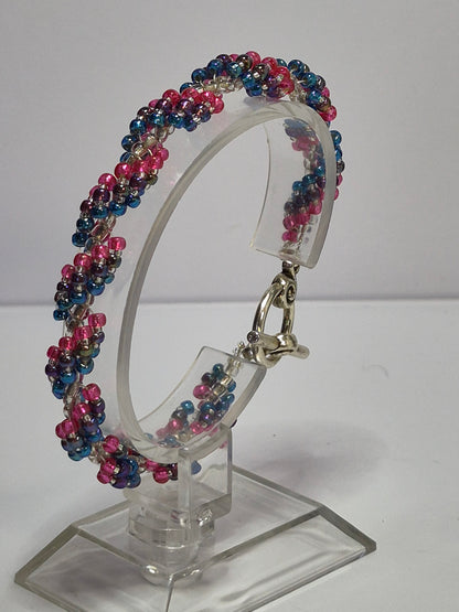 Blue Purple Pink & Clear Spiral Rope Bracelet – Handmade Miyuki Seed Bead Bracelet with Lobster Clasp
