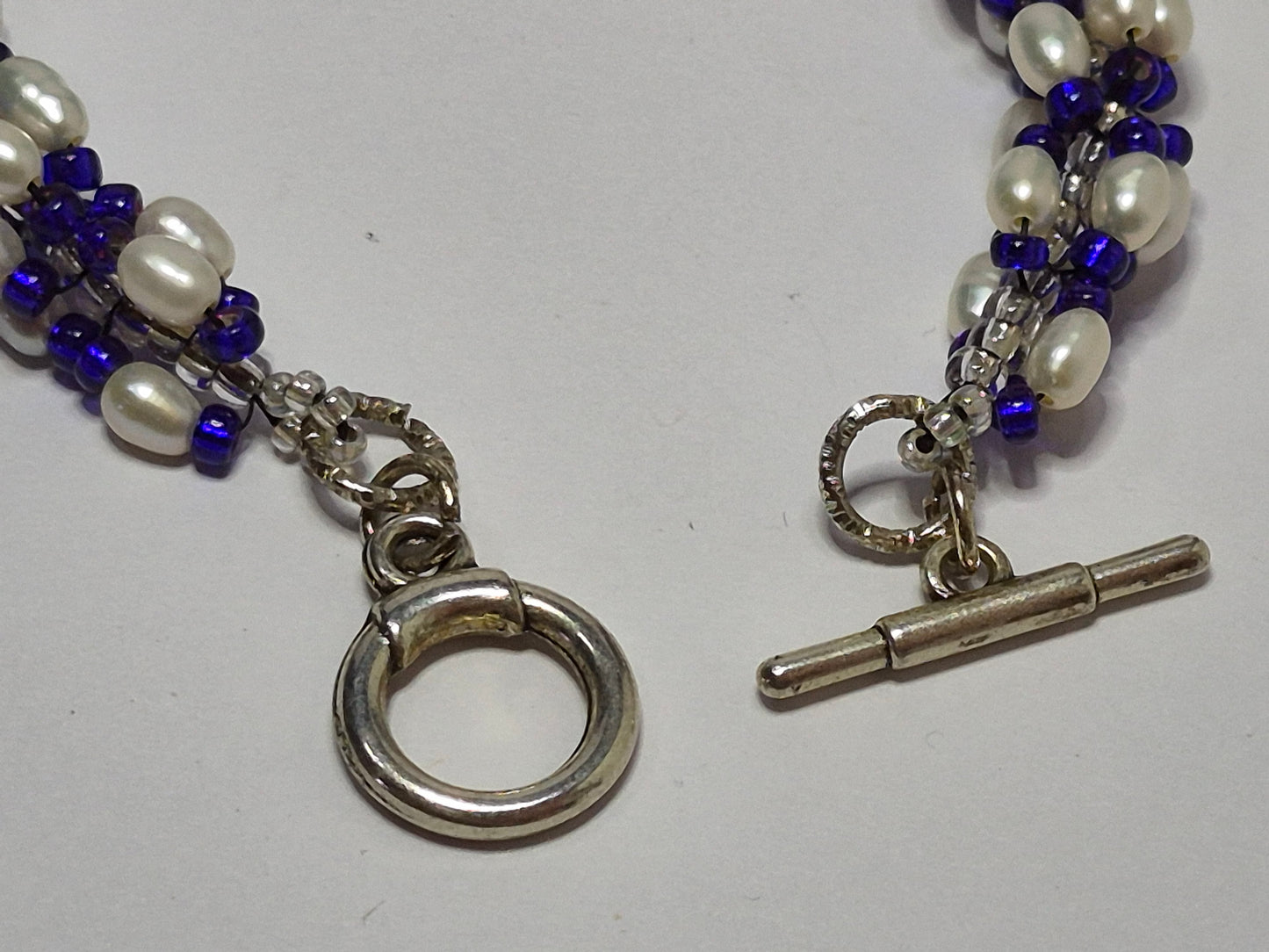 Cobalt Blue & White Freshwater Pearl Spiral Rope Bracelet – Handmade Beaded Bracelet with Toggle Clasp