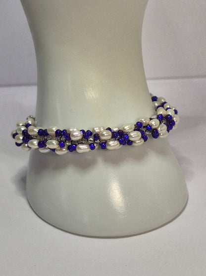 Cobalt Blue & White Freshwater Pearl Spiral Rope Bracelet – Handmade Beaded Bracelet with Toggle Clasp
