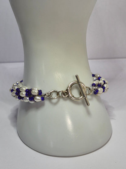 Cobalt Blue & White Freshwater Pearl Spiral Rope Bracelet – Handmade Beaded Bracelet with Toggle Clasp