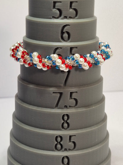 Red White & Blue Spiral Rope Bracelet – Handmade Pearl & Seed Bead Patriotic Bracelet with Magnetic Clasp