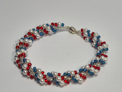Red White & Blue Spiral Rope Bracelet – Handmade Pearl & Seed Bead Patriotic Bracelet with Magnetic Clasp