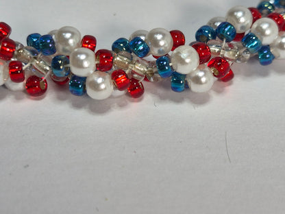 Red White & Blue Spiral Rope Bracelet – Handmade Pearl & Seed Bead Patriotic Bracelet with Magnetic Clasp