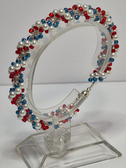 Red White & Blue Spiral Rope Bracelet – Handmade Pearl & Seed Bead Patriotic Bracelet with Magnetic Clasp