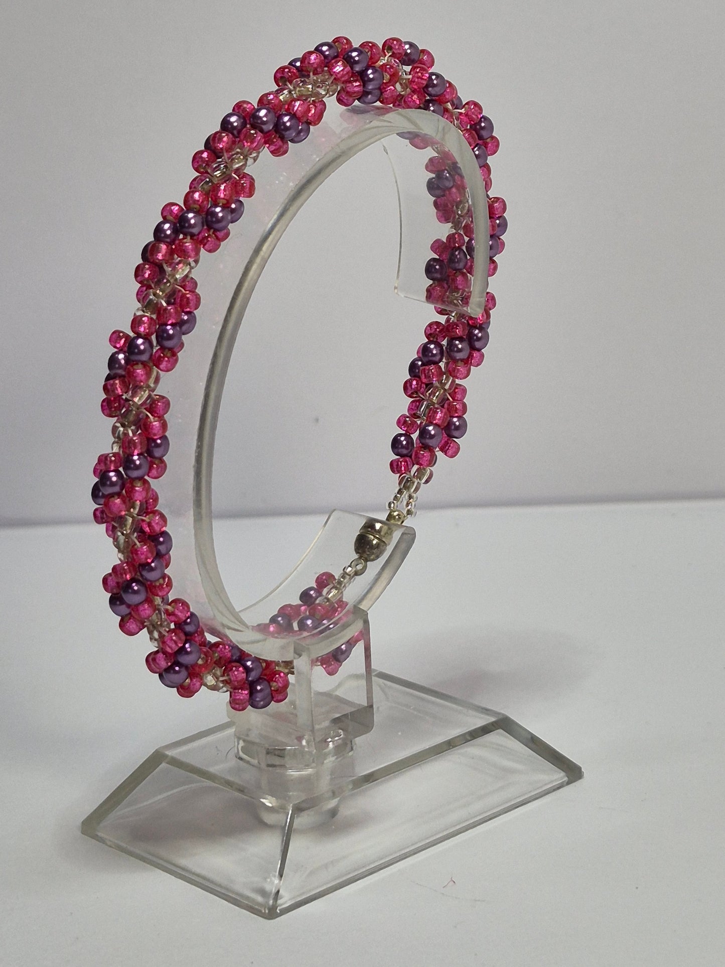 Pink & Purple Glass Pearl Spiral Rope Bracelet – Handmade Miyuki Seed Bead Bracelet with Magnetic Clasp