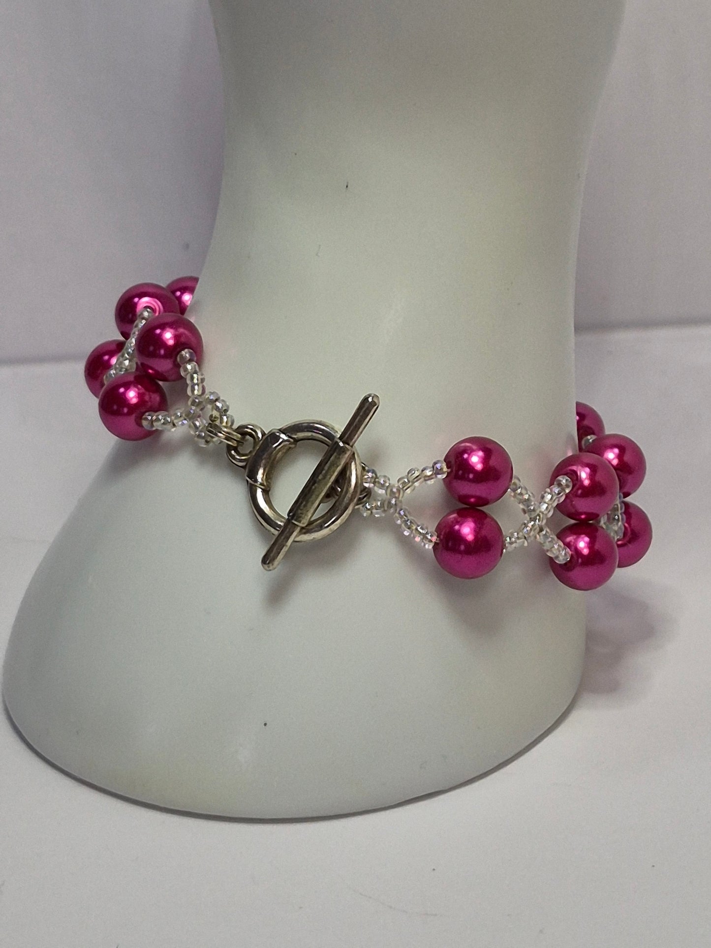 Hot Pink Pearl X's & O's Bracelet – Handmade Beaded Bracelet with Toggle Clasp