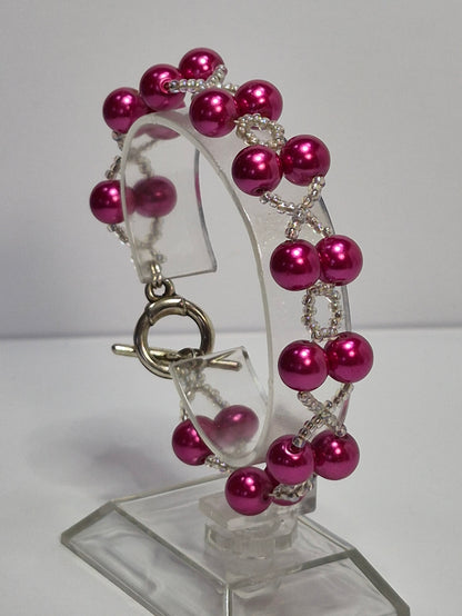 Hot Pink Pearl X's & O's Bracelet – Handmade Beaded Bracelet with Toggle Clasp
