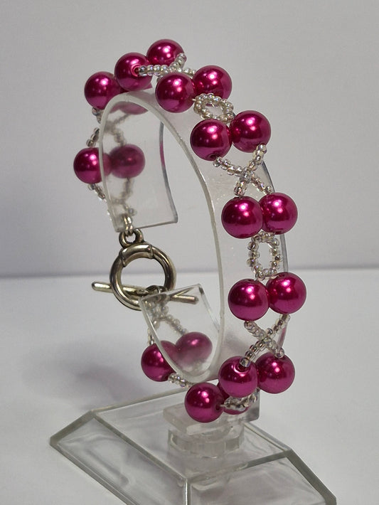 Hot Pink Pearl X's & O's Bracelet – Handmade Beaded Bracelet with Toggle Clasp
