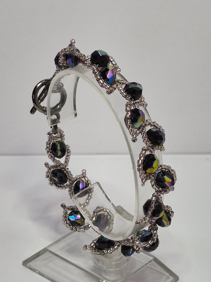 Leafy Vine Iridescent Crystal Bracelet – Handmade Beaded Bracelet with Faceted Rondelles & Toggle Clasp