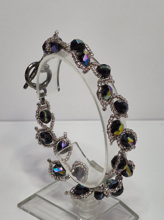 Leafy Vine Iridescent Crystal Bracelet – Handmade Beaded Bracelet with Faceted Rondelles & Toggle Clasp
