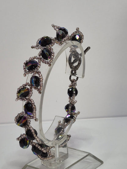 Leafy Vine Iridescent Crystal Bracelet – Handmade Beaded Bracelet with Faceted Rondelles & Toggle Clasp