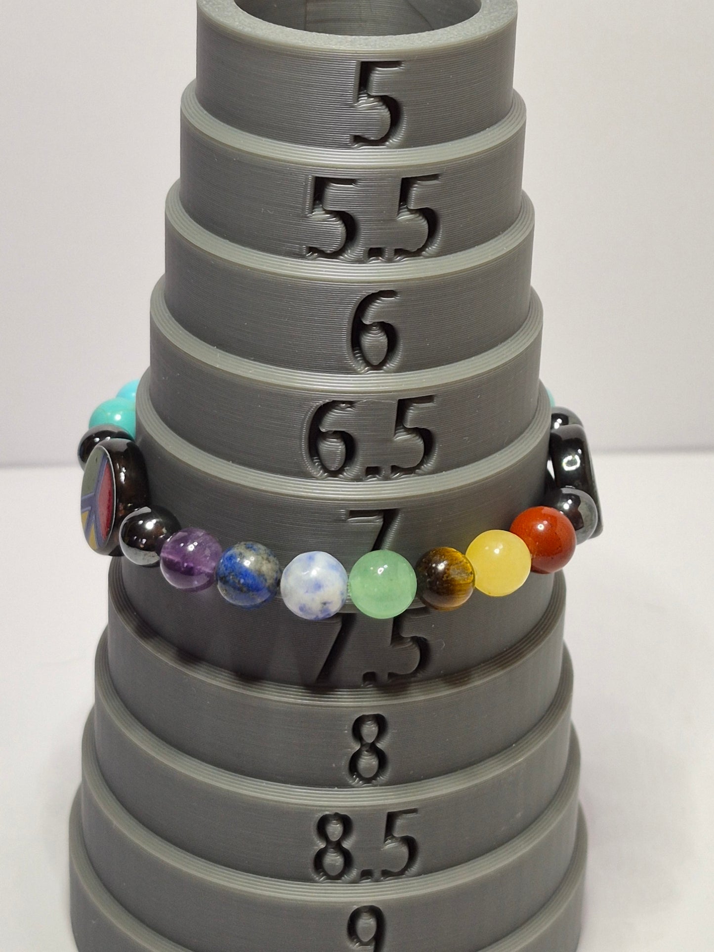 7 Chakra & Peace Sign Stretch Bracelet – Hematite, Turquoise & Gemstone Bracelet with Glass Peace Sign Beads