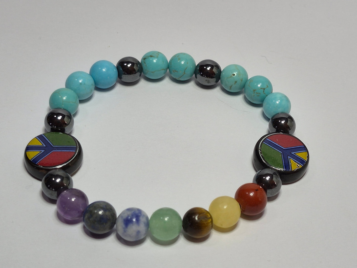 7 Chakra & Peace Sign Stretch Bracelet – Hematite, Turquoise & Gemstone Bracelet with Glass Peace Sign Beads