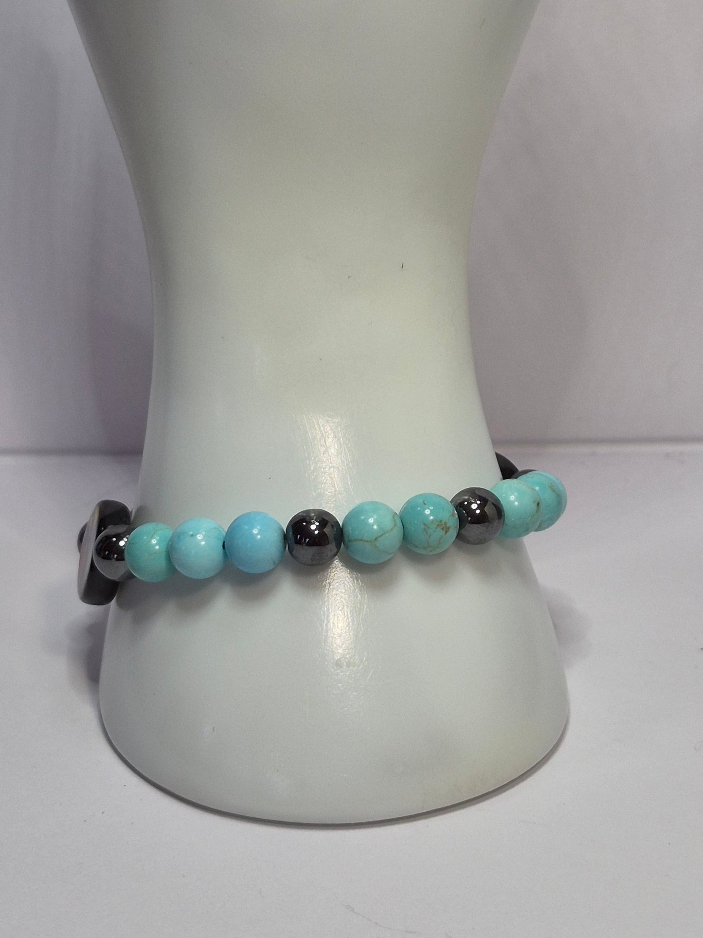 7 Chakra & Peace Sign Stretch Bracelet – Hematite, Turquoise & Gemstone Bracelet with Glass Peace Sign Beads