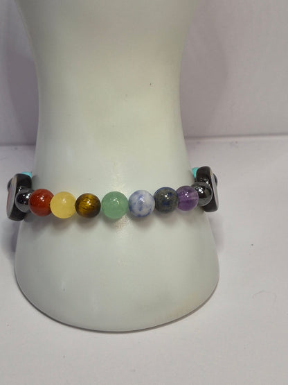 7 Chakra & Peace Sign Stretch Bracelet – Hematite, Turquoise & Gemstone Bracelet with Glass Peace Sign Beads