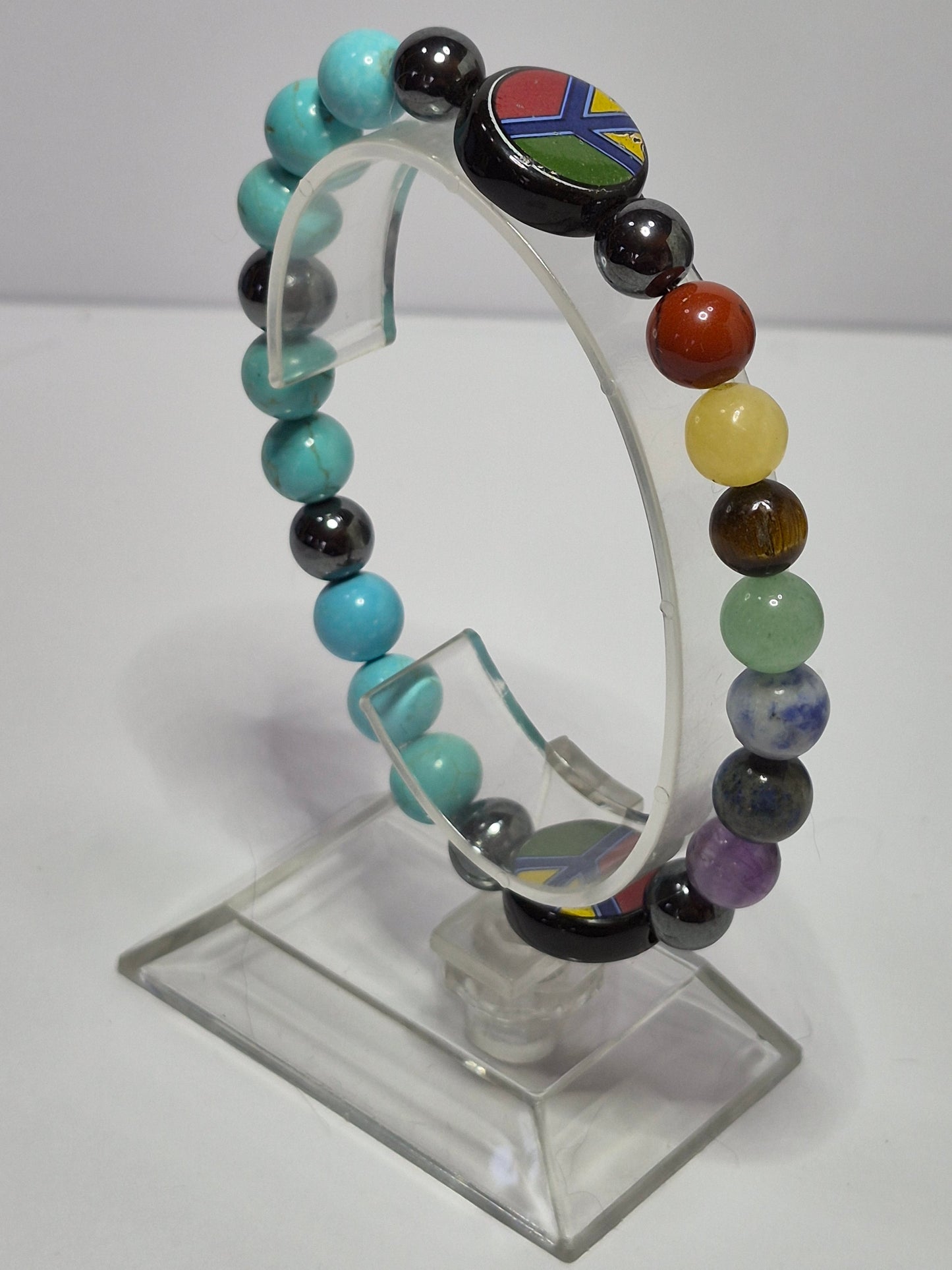 7 Chakra & Peace Sign Stretch Bracelet – Hematite, Turquoise & Gemstone Bracelet with Glass Peace Sign Beads