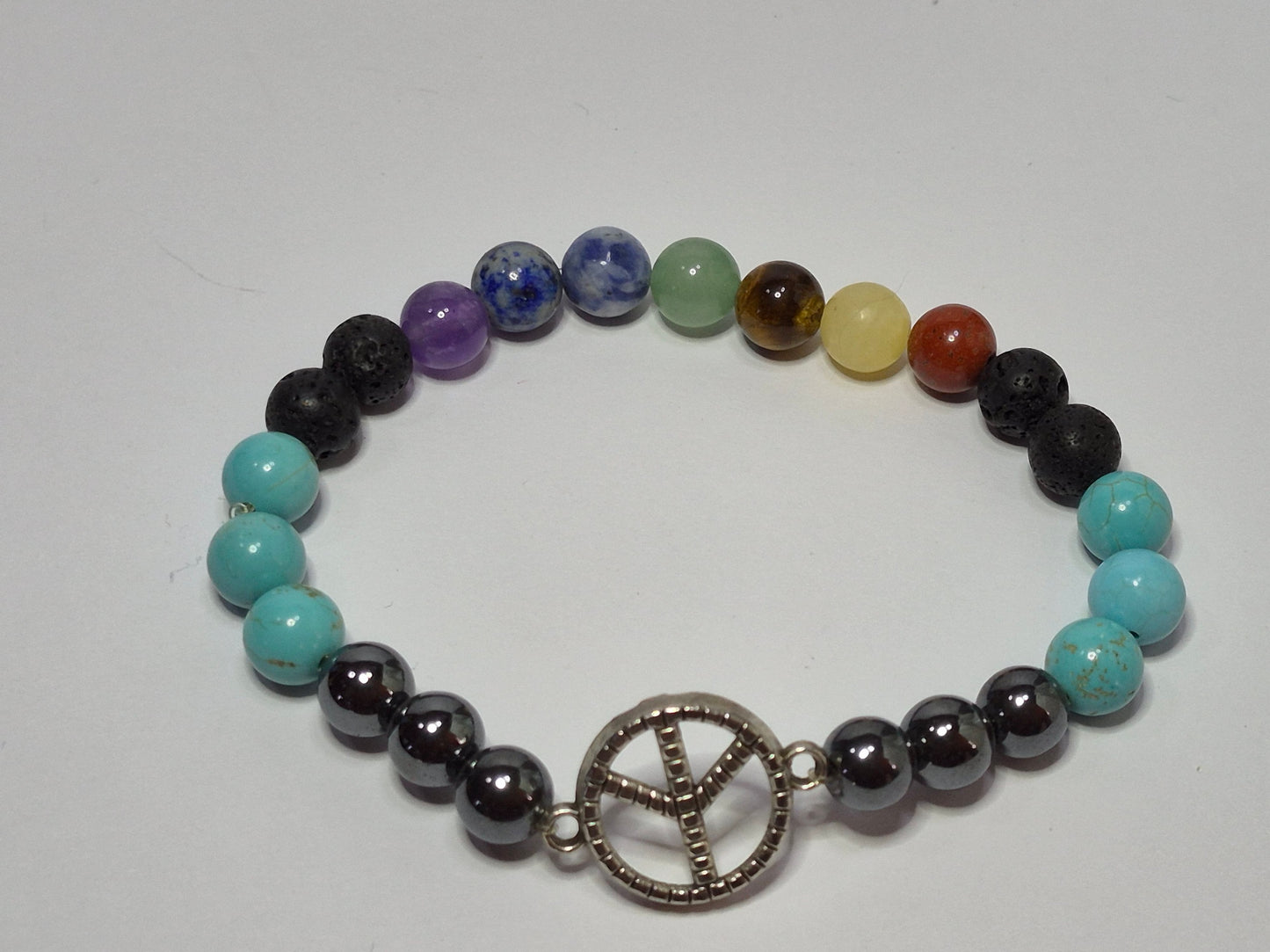 7 Chakra Stretch Bracelet – Hematite, Turquoise & Lava Stone with Silver Peace Sign Charm