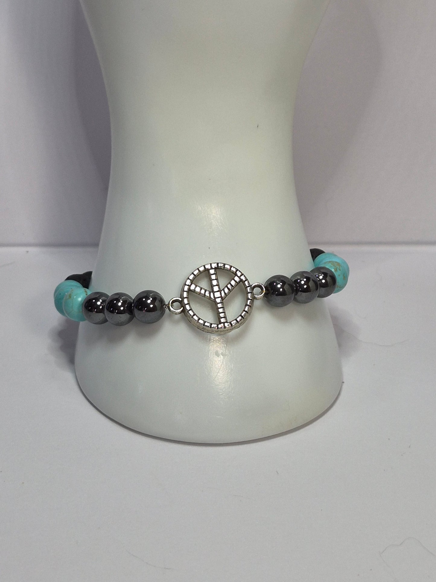 7 Chakra Stretch Bracelet – Hematite, Turquoise & Lava Stone with Silver Peace Sign Charm