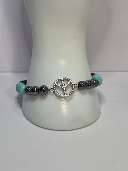 7 Chakra Stretch Bracelet – Hematite, Turquoise & Lava Stone with Silver Peace Sign Charm
