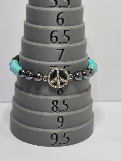 7 Chakra Stretch Bracelet – Hematite, Turquoise & Lava Stone with Silver Peace Sign Charm