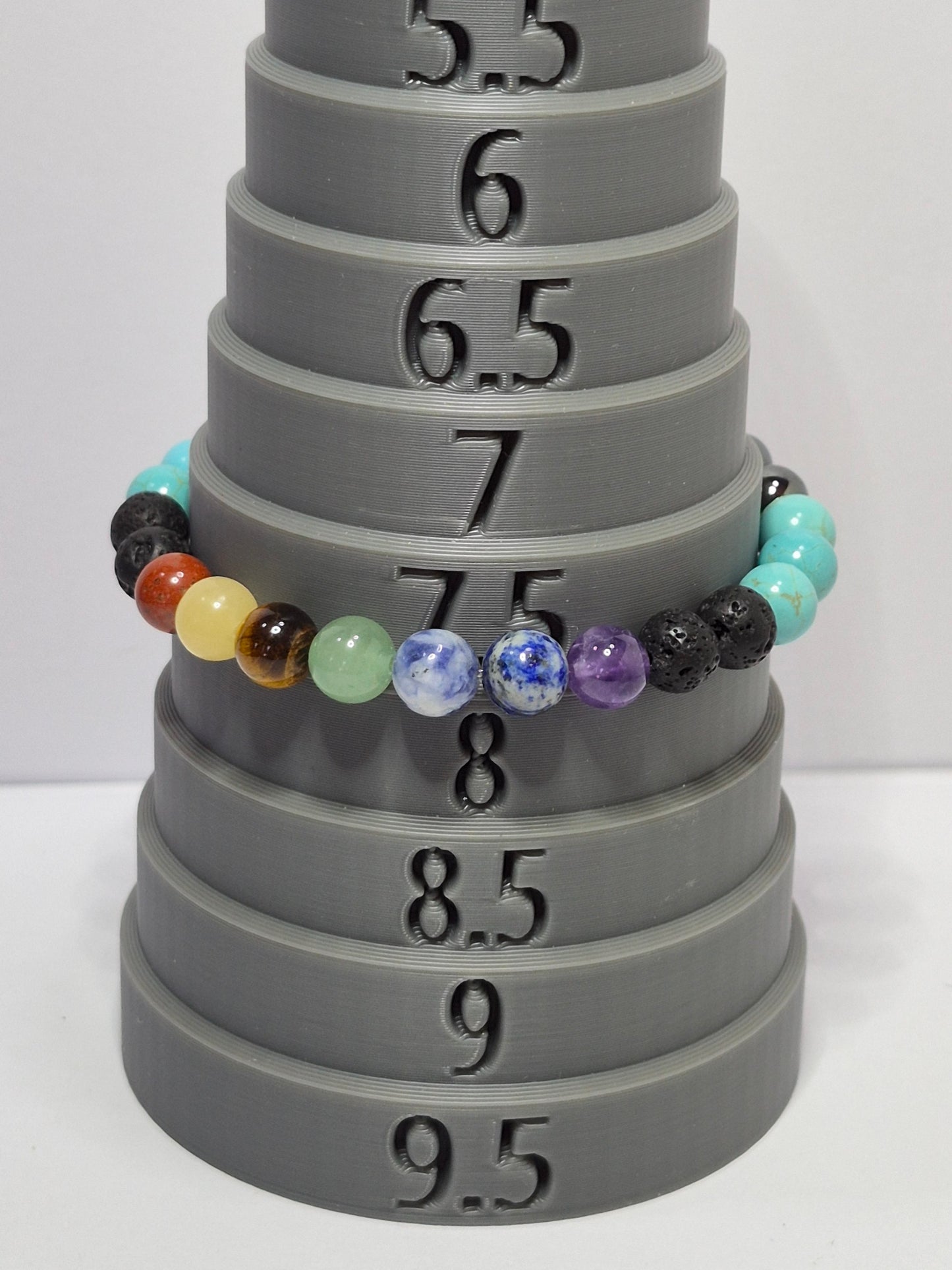 7 Chakra Stretch Bracelet – Hematite, Turquoise & Lava Stone with Silver Peace Sign Charm