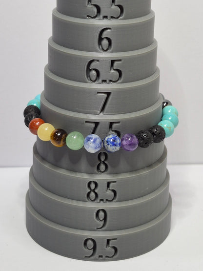 7 Chakra Stretch Bracelet – Hematite, Turquoise & Lava Stone with Silver Peace Sign Charm