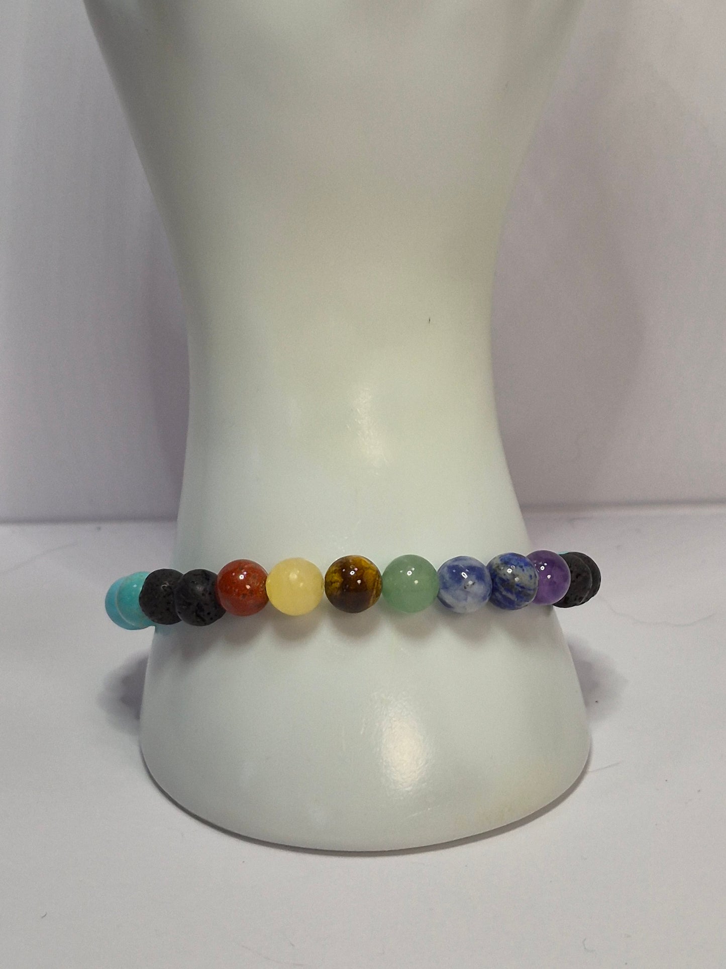 7 Chakra Stretch Bracelet – Hematite, Turquoise & Lava Stone with Silver Peace Sign Charm