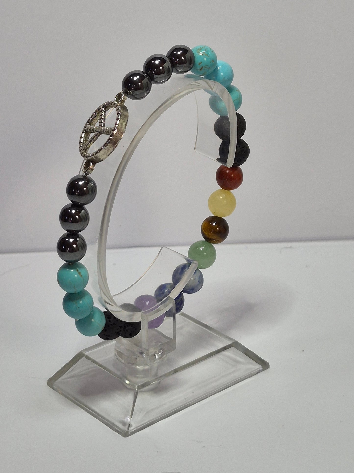 7 Chakra Stretch Bracelet – Hematite, Turquoise & Lava Stone with Silver Peace Sign Charm