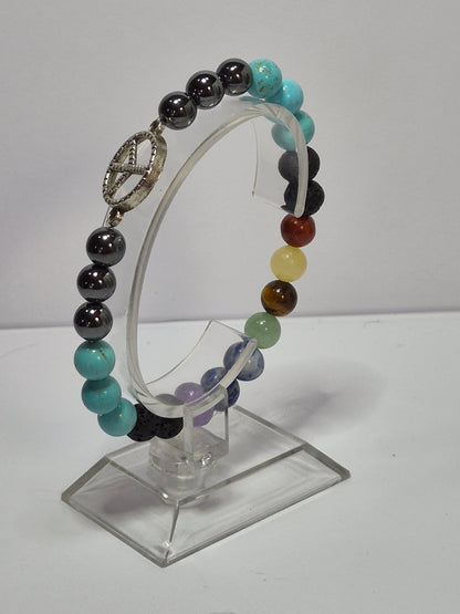 7 Chakra Stretch Bracelet – Hematite, Turquoise & Lava Stone with Silver Peace Sign Charm