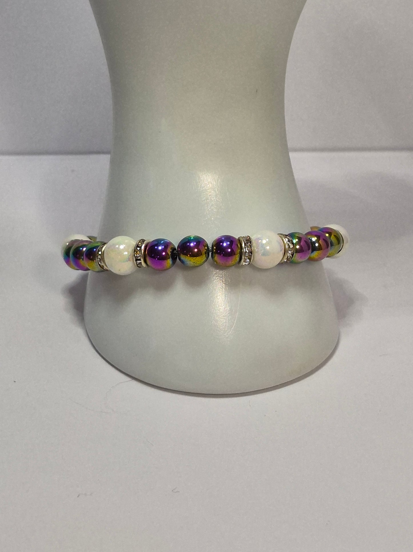 Rainbow Hematite & Opal Glass Pearl Stretch Bracelet – Crystal Rhinestone Rondelle Spacers, Handmade Gemstone Bracelet