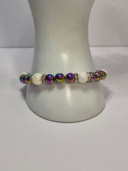 Rainbow Hematite & Opal Glass Pearl Stretch Bracelet – Crystal Rhinestone Rondelle Spacers, Handmade Gemstone Bracelet