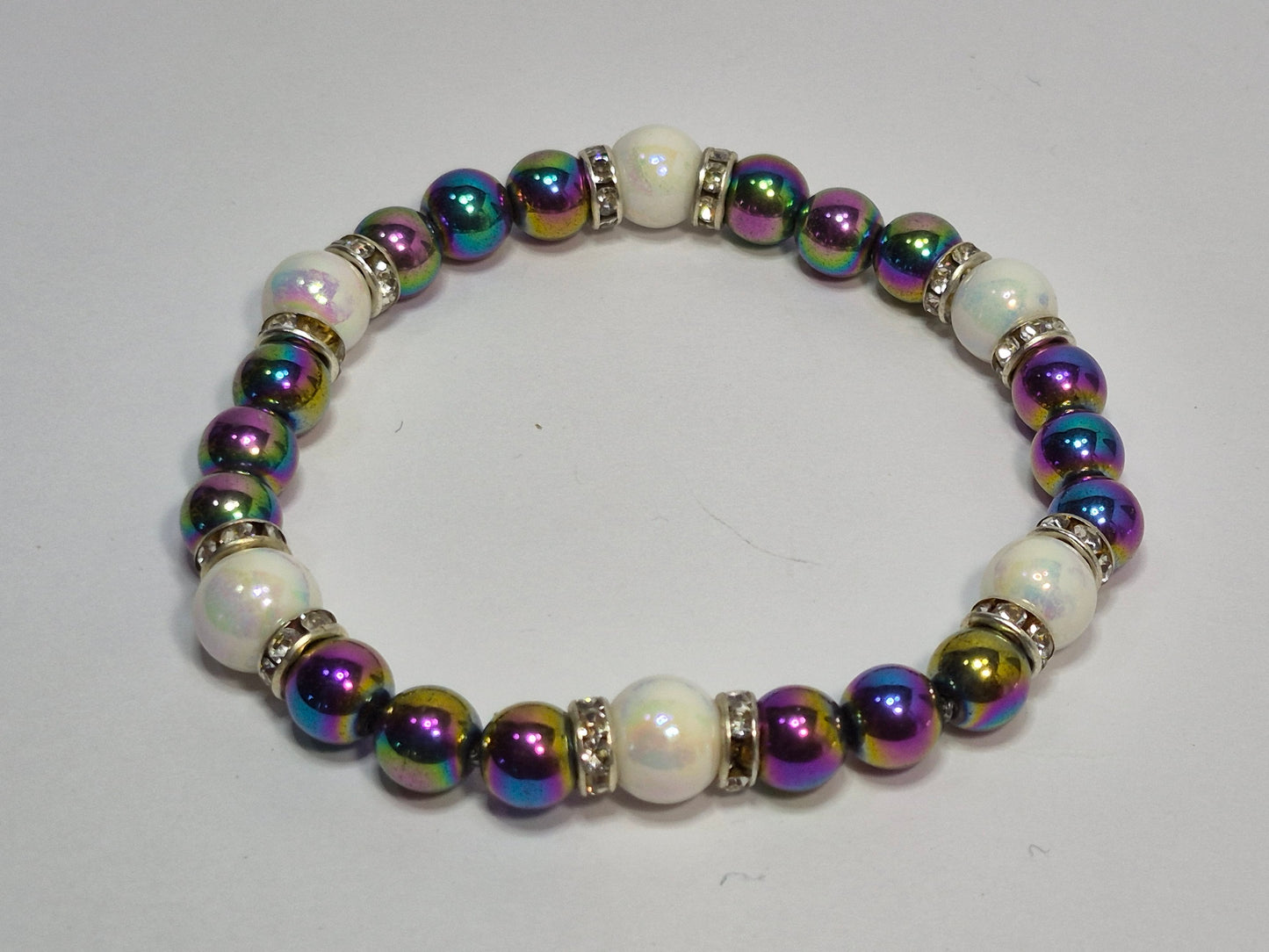 Rainbow Hematite & Opal Glass Pearl Stretch Bracelet – Crystal Rhinestone Rondelle Spacers, Handmade Gemstone Bracelet