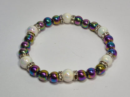 Rainbow Hematite & Opal Glass Pearl Stretch Bracelet – Crystal Rhinestone Rondelle Spacers, Handmade Gemstone Bracelet
