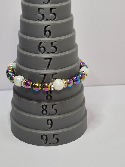 Rainbow Hematite & Opal Glass Pearl Stretch Bracelet – Crystal Rhinestone Rondelle Spacers, Handmade Gemstone Bracelet